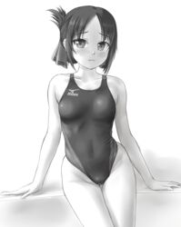  :3 breasts collarbone commentary_request competition_swimsuit cowboy_shot female folded_ponytail greyscale hair_ribbon highres kaguya-sama_wa_kokurasetai_~tensai-tachi_no_renai_zunousen~ long_hair looking_at_viewer mizuno_(brand) monochrome one-piece_swimsuit parted_bangs ribbon shinomiya_kaguya simple_background sitting small_breasts solo swimsuit thigh_gap tk4 