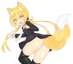  animal_ears black_thighhighs blonde_hair commentary_request crescent crescent_pin double_fox_shadow_puppet female fox_ears fox_shadow_puppet fox_tail kantai_collection long_hair long_sleeves necktie no_panties satsuki_(kancolle) school_uniform serafuku simple_background solo tail thighhighs twintails white_background yamato_tachibana yellow_eyes 