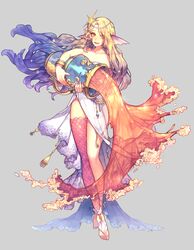  absurdres bad_id bad_pixiv_id blonde_hair blue_hair blue_nails bracelet breasts cleavage collarbone eyes_visible_through_hair female fingernails fins gem glint gold grey_background hair_ornament head_fins highres holding holding_vase jewelry long_fingernails long_hair mermaid monster_girl multicolored_hair nahonanaho open_mouth original purple_hair purple_nails scales simple_background smile spilling star_(symbol) star_hair_ornament teeth toenails tongue upper_teeth_only vase water yellow_eyes 