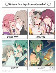  ! 5girls ae_ttana asta_(honkai:_star_rail) blue_eyes braid breasts closed_eyes commentary english_text eyewear_on_head genshin_impact grey_hair guizhong_(genshin_impact) hair_between_eyes heart highres honkai:_star_rail honkai_(series) kafka_(honkai:_star_rail) looking_at_viewer madame_ping_(genshin_impact) medium_breasts mihoyo multiple_girls open_mouth pink_hair smile stelle_(honkai:_star_rail) stelle_(world_tour_2023)_(honkai:_star_rail) sunglasses teeth tongue trailblazer_(honkai:_star_rail) twitter_username v yellow_eyes yuri 