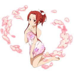  bad_id barefoot blush bow braid closed_mouth collarbone female floral_print frilled_towel full_body hair_intakes hairbow high_ponytail highres kneeling long_hair looking_at_viewer naked_towel official_art print_towel red_eyes red_hair sidelocks smile soles solo sword_art_online sword_art_online:_alicization tied_hair tiese_schtrinen towel towel_tug transparent_background wet wet_hair white_bow 