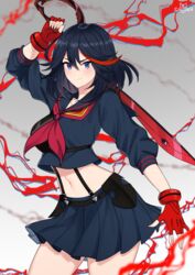  absurdres black_hair black_shirt black_skirt blue_eyes breasts closed_mouth cowboy_shot female fingerless_gloves gloves hair_between_eyes highres holding holding_sword holding_weapon kill_la_kill light_blush looking_at_viewer matoi_ryuuko medium_hair multicolored_hair navel pleated_skirt red_gloves red_hair red_lightning sakotach school_uniform scissor_blade_(kill_la_kill) senketsu shirt skirt smug solo streaked_hair sword thighs two-tone_hair weapon 