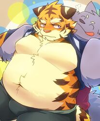  2019 anthro arm_around_shoulders belly blush boar_stag144 bottomwear bulge closed_eyes clothing duo felid hi_res hug hugging_another hugging_from_behind male mammal moobs navel overweight overweight_male pantherine shirt shorts tiger tongue tongue_out topwear 