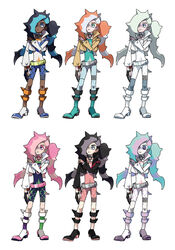  1boy alternate_color asymmetrical_gloves belt bike_shorts boots bracelet collar collarbone commentary cropped_jacket eyeshadow gloves highres jewelry kagio_(muinyakurumi) knees long_hair long_sleeves makeup male_focus mismatched_gloves multicolored_hair multiple_views partially_fingerless_gloves piers_(pokemon) pokemon pokemon_swsh shirt simple_background two-tone_hair white_background 