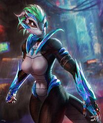  2021 3d_(artwork) alien alilkira android anthro biyemorph black_body black_scales black_tail blue_body blue_eyes blue_scales breasts digital_drawing_(artwork) digital_media_(artwork) fan_character female green_hair grey_body grey_scales grey_tail hair hi_res horn machine multicolored_body multicolored_hair multicolored_scales multicolored_tail raining robot scales scalie signature solo tail text venjiiart warfare_alilkira warfare_machine white_hair 