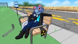  16:9 2021 accessory anthro atomic_cat atomic_corenthal belt bench bent_legs blue_body blue_fur blue_hair blurred_background boots bottomwear breasts bus_stop_sign clothed clothing crossed_legs denim denim_bottomwear denim_clothing domestic_cat duo eyelashes eyewear felid feline felis female fence flower flower_accessory flower_hair_accessory flower_in_hair footwear fully_clothed fur glasses grass hair hair_accessory hairclip hazard_symbol hazard_symbol_accessory hazard_symbol_print hi_res holding_partner hoodie hug jeans leather leather_boots leather_clothing leather_footwear leg_over_thigh long_hair makeup male male/female mammal mascara metal metal_bar nonbinary_(lore) on_bench opaque_glasses outside pants plant planted_sign print_clothing print_scarf print_sweatshirt print_topwear public radiation_symbol radiation_symbol_print resting road road_sign romantic romantic_couple sam_corenthal scarf shirt sidewalk sign sign_graphic signpost sitting sitting_on_bench sweatshirt symbol topwear trans_(lore) trans_woman_(lore) whiskers widescreen 