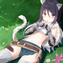  animal_ear_fluff animal_ears armor ass_visible_through_thighs bandeau belt black_hair blush breasts capelet commentary cowboy_shot detached_sleeves eyes_visible_through_hair female fingerless_gloves flower from_above fur_capelet gauntlets gloves grass hair_between_eyes long_hair looking_at_viewer lying multicolored_hair navel on_back on_grass open_mouth outdoors own_hands_together parted_lips pleated_skirt princess_connect! shade shadow shiori_(princess_connect!) sidelocks skirt small_breasts solo steepled_fingers stomach symbol-only_commentary tail thighhighs tiger_ears tiger_girl tiger_tail white_hair white_thighhighs yellow_eyes yuki_(yukin0128) 