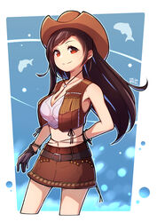  bare_shoulders belt black_hair breasts brown_gloves brown_hair brown_hat brown_skirt brown_vest cleavage closed_mouth cowboy_hat cowgirl_(western) crop_top dated dolphin female final_fantasy final_fantasy_vii final_fantasy_vii_remake gloves hat highres large_breasts long_hair looking_at_viewer midriff navel official_alternate_costume red_eyes skirt smile solo tifa_lockhart tifa_lockhart_(cowgirl) umenodo vest 