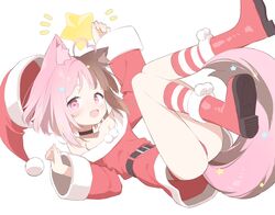  animal_ear_fluff animal_ears ass boots brown_hair choker christmas female hat heart heart-shaped_pupils highres multicolored_hair oerba_yun_fang original pink_eyes rubber_boots santa_costume santa_hat short_hair skin_fang symbol-shaped_pupils urotsuki_(2013.04) white_background 