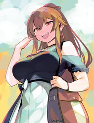  :d bag bracelet breasts brown_hair earrings female furen_e_lustario furen_e_lustario_(2nd_costume) hair_between_eyes handbag high-waist_skirt jewelry large_breasts long_hair looking_at_viewer nijisanji open_mouth red_eyes skirt slit_pupils smile solo teeth upper_teeth_only very_long_hair virtual_youtuber white_skirt woofycakes 