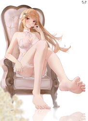  :3 absurdres bad_id bad_twitter_id bare_arms bare_shoulders barefoot blonde_hair blush breasts chair cleavage closed_mouth commentary cream_(cream) feet female foot_focus foreshortening full_body hair_ornament highres large_breasts lingerie long_hair looking_at_viewer original po_ppe red_eyes sitting smile soles solo symbol-only_commentary thigh_strap thighs toes underwear 