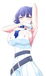  absurdres aoi_(blue_archive) armpits belt blue_archive blue_hair blue_necktie blush breasts copyright_request embarrassed female gloves highres mole mole_under_eye necktie pointy_ears poolpool presenting_armpit short_hair sideboob solo white_gloves 