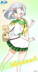  bag blue_eyes character_name female green_skirt hamster handbag highres himawari_(myslot) inoue_sora looking_at_viewer miniskirt myslot open_mouth plant pleated_skirt school_uniform serafuku short_hair short_sleeves silver_hair skirt smile standing 