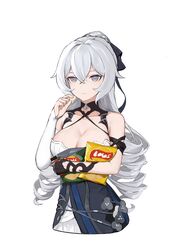  :t bare_shoulders black_gloves breasts bronya_zaychik bronya_zaychik_(silverwing:_n-ex) chips_(food) cleavage cropped_torso detached_sleeves dress drill_hair eating female food gloves grey_eyes grey_hair hand_up heiza highres holding honkai_(series) honkai_impact_3rd large_breasts lay&#039;s_(potato_chips) long_hair long_sleeves looking_at_viewer ponytail potato_chips simple_background single_detached_sleeve single_glove sleeveless sleeveless_dress solo white_background white_dress 