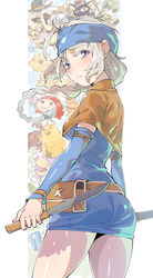  absurdres bad_id bad_pixiv_id bee belt belt_pouch blue_headband blush brown_belt brown_capelet bug capelet character_request closed_mouth creature dagger dual_wielding feathers female grey_hair hat_feather hat_over_eyes headband highres holding holding_dagger holding_knife holding_weapon knife long_hair looking_at_viewer moto_toshi pitchfork plant pouch purple_hair scorpion sharp_teeth solo_focus tales_weaver teeth thighs weapon 