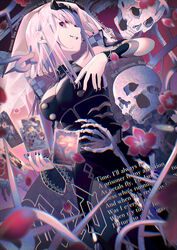  absurdres black_dress black_headwear black_nails blurry blurry_foreground breasts buttons card commentary cowboy_shot double-breasted dress english_commentary english_text female flower goshichi_shoji gradient_background grin hand_up heart highres holding holding_card hololive hololive_english large_breasts long_hair mori_calliope mori_calliope_(1st_costume) nail_polish pink_eyes pink_hair red_background red_flower ribs single_bare_shoulder single_sleeve skeleton skull smile solo tarot tarot_(card) tiara veil virtual_youtuber 