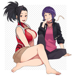  2girls :d absurdres audio_jack barefoot black_choker black_eyes black_hair black_jacket black_pants boku_no_hero_academia breasts center_opening choker clenched_teeth earplugs feet full_body highres jacket jirou_kyouka kobaji large_breasts legs looking_at_viewer multiple_girls nail_polish open_mouth pants pink_shirt polka_dot polka_dot_background purple_eyes purple_hair red_nails shirt short_hair sleeveless smile soles teeth toenail_polish toenails toes upper_teeth_only white_background yaoyorozu_momo 