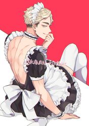  1boy :d alternate_costume back back_cutout black_dress blonde_hair bow choker clothing_cutout crossdressing crossed_legs dress enmaided frilled_dress frills from_behind haikyuu!! half-closed_eyes kakan_king korean_commentary looking_back maid maid_headdress male_focus miya_atsumu open_mouth puffy_sleeves short_hair short_sleeves smile solo twitter_username white_bow white_legwear wrist_cuffs 