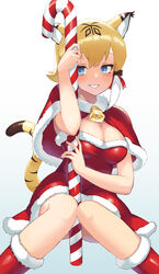  absurdres alternate_costume animal_ear_fluff animal_ears bell blonde_hair blue_eyes breasts candy candy_cane capelet commentary dress female food fur-trimmed_capelet fur-trimmed_dress fur_collar fur_trim hair_between_eyes highres kemono_friends knees_together_feet_apart large_breasts looking_at_viewer multicolored_hair neck_bell parted_lips red_capelet red_dress sawara_noa short_hair sidelocks sitting smile smilodon_(kemono_friends) solo tail tiger_ears tiger_girl tiger_tail two-tone_hair white_hair 