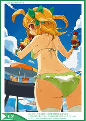  ahoge alternate_hair_length alternate_hairstyle animal_print artist_name ass back beach_umbrella bikini border bow breasts brown_eyes brown_hair cloud cow_print day eating female food from_behind from_below green_bikini green_border green_bow grill hair_ornament hairbow hairclip halterneck highres holding holding_skewer kebab looking_at_viewer looking_back looking_down meat midori-chan_(myslot) mota myslot outdoors profile side-tie_bikini_bottom sideboob skewer sky solo string_bikini summer sweat swimsuit thighhighs translation_request twitter_username two_side_up umbrella watch watermark web_address wet white_thighhighs wristwatch 