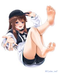  :d arm_up bare_legs barefoot baseball_cap black_shorts blue_eyes brown_hair casino_(casinoep) drawstring feet female foot_focus full_body hair_between_eyes hand_on_headwear hat highres hololive hood hoodie knees_together_feet_apart legs legs_up long_hair long_sleeves outstretched_arm paid_reward_available pink_nails short_shorts shorts simple_background smile soles solo spread_toes toe_scrunch toenails toes tokino_sora tokino_sora_(streetwear) twitter_username virtual_youtuber white_background 