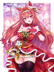  :d animal_ears black_thighhighs blurry blurry_background bow breasts brooch brown_hair christmas cleavage commentary_request daiwa_scarlet_(scarlet_nuit_etoile)_(umamusume) daiwa_scarlet_(umamusume) depth_of_field dress female fur-trimmed_dress fur-trimmed_gloves fur_trim gloves hair_between_eyes hair_intakes hand_up head_tilt highres horse_ears jewelry large_breasts long_hair looking_at_viewer oerba_yun_fang red_dress red_eyes red_gloves shichijou_natori smile solo striped striped_bow thighhighs tiara umamusume very_long_hair 