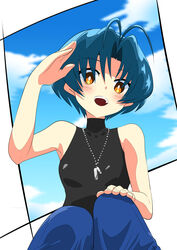  antenna_hair blue_pants blush breasts brown_eyes cloud female hand_on_own_knee head_tilt highres jewelry kamon_rider looking_at_viewer muv-luv muv-luv_alternative necklace open_mouth pants parted_bangs salute sky small_breasts smile solo yoroi_mikoto 