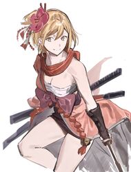  bad_id bad_twitter_id blonde_hair breasts cleavage djeeta_(granblue_fantasy) feet_out_of_frame female flower granblue_fantasy hadanugi_dousa hair_flower hair_ornament hashibiro_kou_(garapiko_p) highres holding holding_sword holding_weapon japanese_clothes katana kengo_(granblue_fantasy) kimono looking_at_viewer medium_breasts red_kimono sarashi sash scarf short_hair simple_background single_bare_shoulder smile solo sword teeth vambraces weapon white_background yellow_eyes 