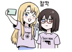  2girls blonde_hair blue_eyes brown_hair commentary_request english_text glasses heterochromia kamikoshi_sorawo korean_commentary korean_text kumaman multiple_girls nishina_toriko one_eye_closed shirt t-shirt translation_request transparent_hand urasekai_picnic v 