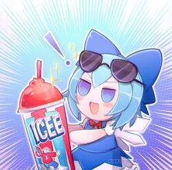  ! bear blue_background blue_bow blue_dress blue_eyes blue_hair blue_pants blue_ribbon blue_skirt blue_vest blush bow character_doll cirno cup dress drink drinking_straw eyewear_on_head female frilled_skirt frills fumo_(doll) gradient_background hair_ribbon hairbow holding holding_drink hood hoodie icee neck_ribbon open_mouth pants personification polar_bear puffy_short_sleeves puffy_sleeves red_hoodie ribbon sami_(pirateyoukai) shirt short_hair short_sleeves skirt smile solo sparkle sunglasses touhou twitter_username v-shaped_eyebrows vest watermark white_shirt wings 