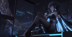  black_hair black_pantyhose breasts dress feet female flower highres jay_xu large_breasts long_hair long_sleeves no_bra pantyhose planet punishing:_gray_raven purple_eyes reflection selena:_capriccio_(punishing:_gray_raven) selena_(punishing:_gray_raven) solo space spacecraft_interior toes window 