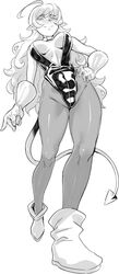  ahoge bad_id bad_pixiv_id bare_shoulders character_request choker closed_mouth demon_tail female gloves greyscale hand_on_own_hip highres leotard long_hair looking_at_viewer mole mole_under_eye monochrome moto_toshi pantyhose smile solo tail 