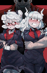  1boy 2girls black-framed_eyewear black_gloves black_horns black_necktie blush clenched_teeth collarbone demon_horns demon_tail ear_blush formal glasses gloves grin helltaker helltaker_(character) highres horns hug hug_from_behind id_card long_hair looking_at_another lucifer_(helltaker) mole mole_under_eye moto_toshi multiple_girls muscular muscular_male necktie pandemonica_(helltaker) red_eyes round_eyewear short_hair smile suit sunglasses sweat tail teeth tiara veins white_gloves white_hair white_horns 