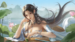  absurdres artist_request bare_shoulders bird blue_sky breasts detached_sleeves dress earrings facial_mark female floating_hair flying forehead_mark hand_on_own_face highres holding holding_plant jewelry looking_down lotus_root medium_breasts mountain necklace outdoors plant second-party_source sky solo table upper_body wanmei_shijie water white_dress yue_chan_(wanmei_shijie) 