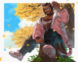  1boy animal_ears animal_nose bag bara blue_eyes body_fur border brown_fur brown_hair camisole casual casual_attire_(ff14) cat_boy choker day earrings fangs final_fantasy final_fantasy_xiv full_body furry furry_male hrothgar jacket jewelry leaf long_sleeves looking_at_viewer male_focus multicolored_fur open_clothes open_jacket open_mouth outdoors pants pink_fur sei_(seiryuuden) shoes short_hair shoulder_bag sitting sitting_on_tree_stump smile sneakers snout solo tail teeth tiger_tail tree tree_stump warrior_of_light_(ff14) white_border 