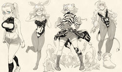  4girls ahoge alternate_costume animal_ear_fluff animal_ears antenna_hair arknights bad_id bad_pixiv_id bandaged_hand bandages bare_shoulders beehunter_(arknights) beehunter_(elite_ii)_(arknights) blue_eyes blush bow bracelet breasts chains character_request choker cleavage closed_eyes closed_mouth clothes_around_waist collarbone covered_collarbone covered_navel demon_tail dust dust_cloud earrings flame_print glasses gloves hair_ornament hair_over_one_eye hairbow hairclip hand_on_own_hip hatching_(texture) highres jacket jacket_around_waist jewelry kroos_(arknights) leotard long_hair looking_at_viewer medium_hair mole mole_under_eye monochrome moto_toshi multiple_girls navel no_shoes open_mouth pantyhose parted_lips paw_pose ponytail red_eyes shoes short_hair single_earring single_thighhigh smile sneakers spot_color striped_clothes tail teeth thighhighs turtleneck 