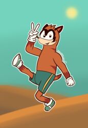  anthro azuredaybreak bottomwear brown_body cartoon_network clothing craig_of_the_creek domestic_ferret gesture gloves hand_gesture handwear male mammal mustelid musteline pants slide_the_ferret solo true_musteline v_sign weasel white_clothing white_gloves white_handwear 