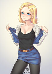  absurdres android_18 black_pantyhose black_shirt blonde_hair blue_eyes blue_skirt blush breasts cleavage closed_mouth collarbone commentary_request cowboy_shot dated denim denim_skirt dragon_ball dragon_ball_z female gradient_background grey_background highres korean_commentary long_sleeves looking_at_viewer medium_breasts miniskirt pantyhose pencil_skirt shirt short_hair skirt smile solo standing striped_sleeves white_background white_sleeves zzalsu 