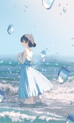  agas_(vpwt7475) bad_id bad_twitter_id black_hair blue_sky bracelet dress earrings female highres jewelry original outdoors partially_submerged profile shadow short_hair sky solo strapless strapless_dress water water_drop white_dress wide_shot 