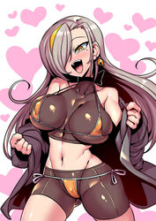  breasts covered_nipples earrings female grey_hair hair_over_one_eye indie_virtual_youtuber jewelry large_breasts long_hair looking_at_viewer mole mole_under_eye multicolored_hair navel open_mouth smile solo streaked_hair tukiwani utai_meika virtual_youtuber 