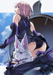  armored_leotard ass bare_shoulders black_footwear black_gloves black_leotard boots breasts cloud cloudy_sky commentary_request creature day elbow_gloves fate/grand_order fate_(series) female fou_(fate) from_behind from_below gloves high_heel_boots high_heels leotard looking_at_viewer looking_back looking_down lord_camelot_(fate) mash_kyrielight medium_breasts open_mouth outdoors outside_border pink_hair profile purple_eyes shield sky thigh_boots thighhighs twitter_username yahako 