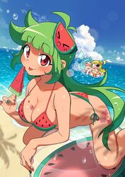  3girls beach big_breasts bikini bra green_hair hair_ornament long_hair looking_at_viewer oregaihanboshi panties popsicle red_eyes seaside sweat vannamelon vannamelon_(copyright) watermelon watermelon_bra 