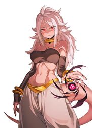  1girls android_21 arabian_clothes athletic athletic_female belly_button big_breasts black_nails bracelet collar dragon_ball dragon_ball_fighterz dragon_ball_z energy_ball harem_outfit imminent_attack incoming_attack jewelry long_hair looking_at_viewer majin_android_21 navel necklace pink_body pink_skin pointy_ears red_eyes spiked_hair spiky_hair tail white_hair zquung 