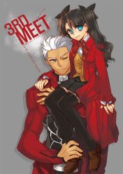  archer bad_id bad_pixiv_id black_hair black_legwear blue_eyes dark_skin empew fate/stay_night fate_(series) female grey_eyes hair_ribbon homurahara_academy_uniform long_coat one_eye_closed ribbon school_uniform thighhighs tohsaka_rin two_side_up white_hair zettai_ryouiki 