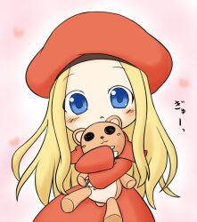  belfraw_martini blonde_hair blue_eyes blush chibi commentary_request female fuugetsu_oreha_ikiru hat long_hair solo stuffed_animal stuffed_toy summon_night summon_night_3 teddy_bear 