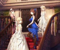  4girls ahoge alternate_costume aozaki_aoko arcueid_brunestud artoria_pendragon_(fate) black_hair black_pantyhose blonde_hair blue_dress blue_eyes bow breasts brown_hair chrysanthemum_print cleavage company_connection curtains detexted dress elbow_gloves fate/stay_night fate_(series) floral_print flower formal gloves green_eyes hair_flower hair_intakes hair_ornament high_heels imageboard_desourced japanese_clothes jpeg_artifacts kara_no_kyoukai kimono koyama_hirokazu long_legs looking_back mahou_tsukai_no_yoru medium_breasts multiple_girls non-web_source pantyhose red_eyes ryougi_shiki ryougi_shiki_(second_ascension) saber_(fate) satin satin_clothes satin_dress shoes side_ponytail skirt_hold smile stairs takeuchi_takashi third-party_edit tsukihime type-moon white_dress white_gloves white_pantyhose window 