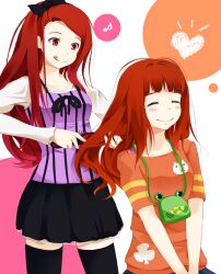  2girls :&gt; :q :x alternate_hairstyle black_thighhighs blush_stickers bow brushing_another&#039;s_hair brushing_hair closed_eyes commentary_request hair_brush hairbow heart idolmaster idolmaster_(classic) long_hair md5_mismatch minase_iori multiple_girls musical_note nira_(vira) orange_hair red_eyes red_hair sitting standing takatsuki_yayoi thighhighs tongue tongue_out v_arms zettai_ryouiki 