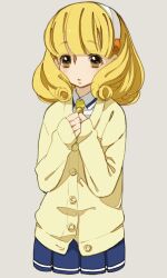  bad_id bad_pixiv_id blonde_hair cardigan cropped_torso eyelashes female grey_background hairband hands_on_own_chest kurage nanairogaoka_middle_school_uniform open_mouth precure school_uniform short_hair skirt smile_precure solo sweater white_hairband yayoi_kise yellow_eyes 