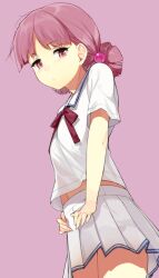  bad_id bad_pixiv_id chousoku_spinner female kirisaki_mai light_purple_hair navel pink_background pink_eyes pleated_skirt purple_background sasamori_tomoe school_uniform short_hair simple_background skirt solo 