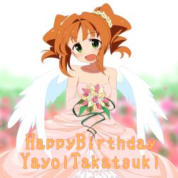  angel_wings bare_shoulders bouquet brown_hair character_name collarbone commentary_request elbow_gloves english_text female flower gloves green_eyes hair_flower hair_ornament happy_birthday highres idolmaster idolmaster_(classic) open_mouth solo takatsuki_yayoi takeya_yuuki twintails wings 